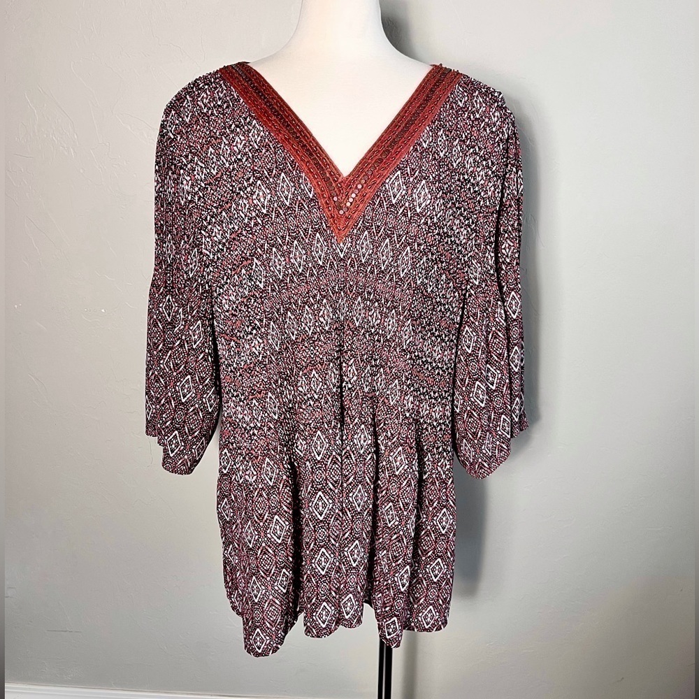 Catherine’s Boho Ruched Beaded Neckline Bell sleeve Blouse